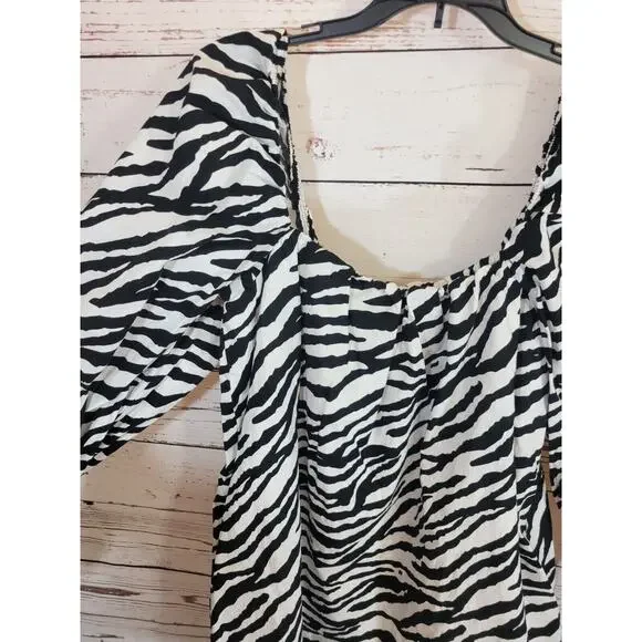 ZARA Poplin Long Sleeve Tunic Top Black Zebra Print Pockets Women's Size Large - Picture 9 of 13